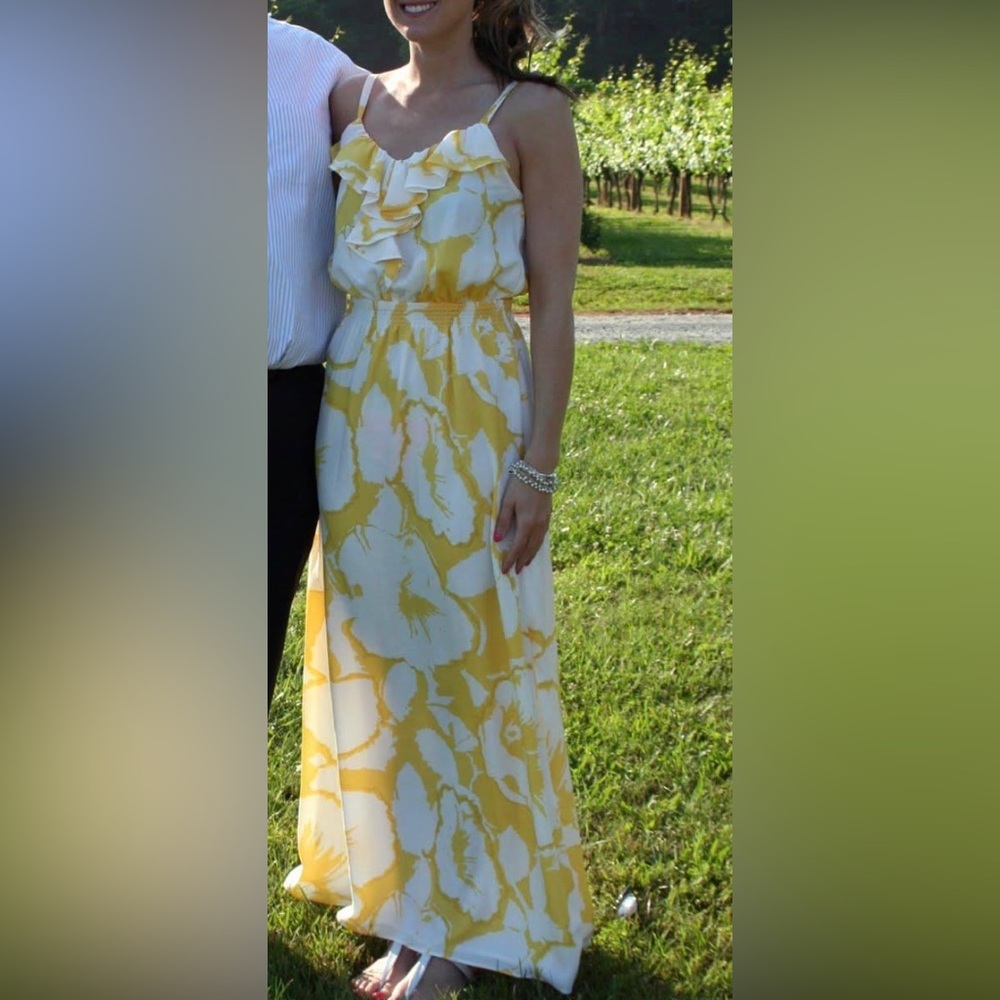 Loft Yellow and White Print Sleeveless Maxi Dress with Slit